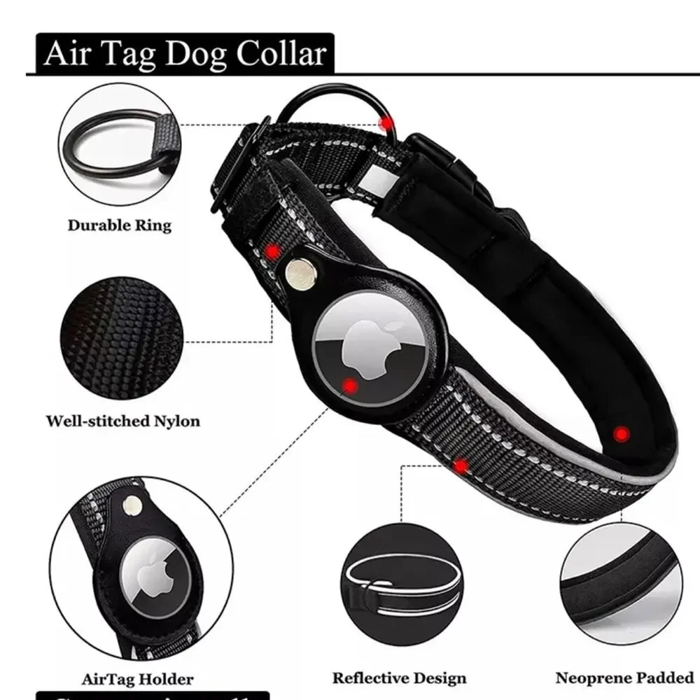 NWT dog collar blue Apple AirTag tracker reflective padded nylon medium B182